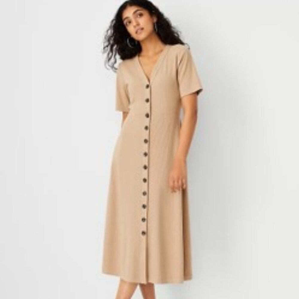 ANN TAYLOR Ribbed Button Front Midi Dress